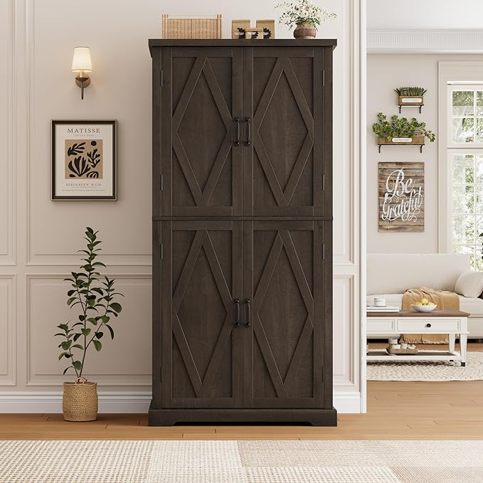 HOSTACK 64" Tall Pantry Cabinet, Modern Farmhouse Kitchen Pantry, Wood Bathroom Storage Cabinet, Large Bookcase, 4 Doors|Adjustable Shelves, for Dining Room, Living Room, Home Office, Dark Brown-DeskLoop Office