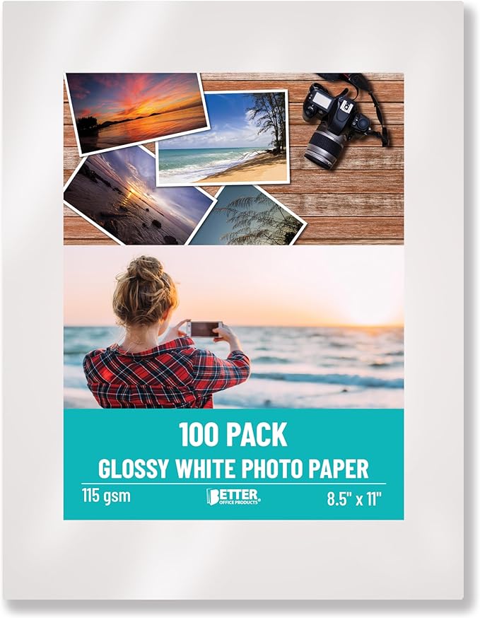 Better Office Products Thin Glossy Photo Paper, 100 Sheets, 8.5 x 11", 30 lb, 115gsm, Inkjet Photo Paper, for Brochure Printing, Custom Chip Bag Party Favors, Letter Size, 100-Count Pack-DeskLoop Office