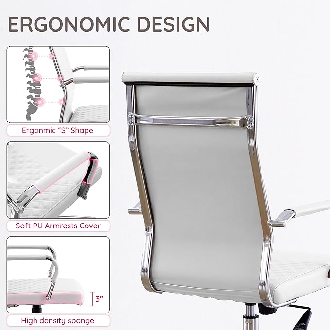 Livinia Modern Executive Office Chair with Patterned Back Design, Chrome & Leather Swivel Chair with High Back, Adjustable Height, Removable Armrests, and Wheels for Home Office (White(Chrome))-DeskLoop Office