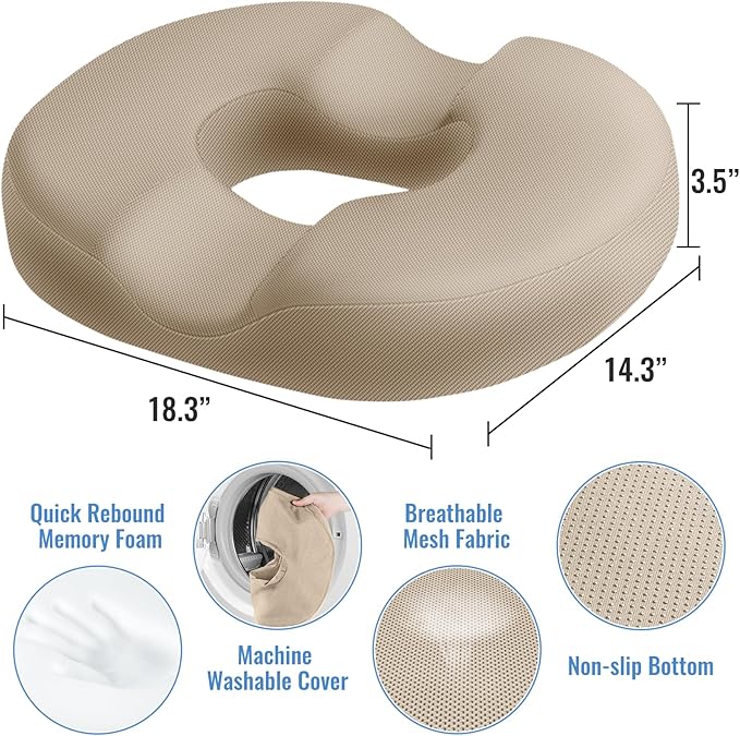CloudBliss Donut Pillow Seat Cushion Chair Pad for Tailbone Pain Relief and Hemorrhoids, Memory Foam Seat Chair Cushion for Men and Women for Home & Office, (Khaki-XL)-DeskLoop Office