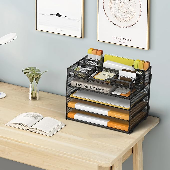 5 Tier Paper Letter Tray with 3 Drop-in Pen Holders, Mesh Desk File Organizer - Image 6