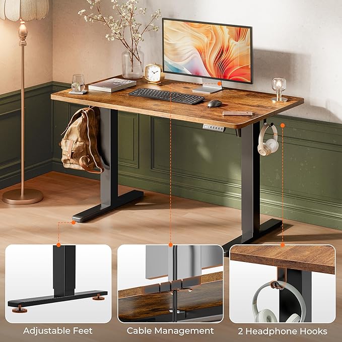 Huuger 48 x 28 Large Electric Standing Desk, Height Adjustable Desk, 27.6" Deep Desktop, Stand up Gaming, 2 Hooks, 3 Preset Heights, for Home Office, Rustic Brown-DeskLoop Office