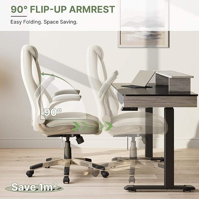 EUREKA ERGONOMIC Executive Office Chair Flip Up Arm Rest, Ergonomic Desk Chair Faux Leather Computer Chair, High Back Office Chair with Headrest, Home Office Desk Chairs with Wheels, Beige-DeskLoop Office