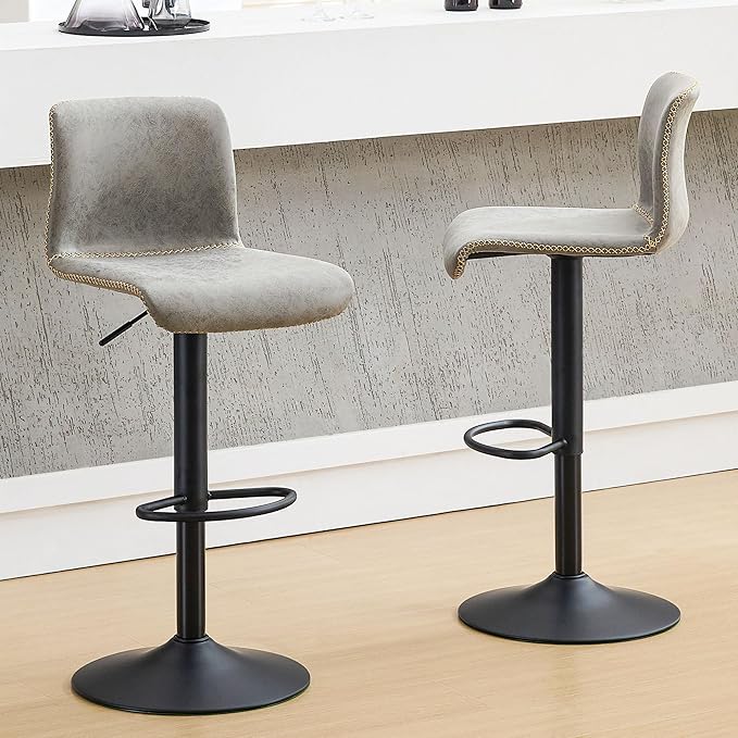 HeuGah Swivel Bar Stools Set of 2, Adjustable Counter Height Barstools with Back, Gray Faux Leather Bar Chairs for Kitchen Island (Gray, Set of 2 (24'' to 32''))-DeskLoop Office