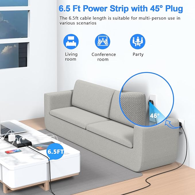 22 Outlets & 6 USB Big Power Strip, Jcblaon Surge Protector with 3USB C & 3USB A Charging Ports, 6.5ft Flat Plug Heavy Duty Extension Cord(1875W/15A)，2100J, 14AWG,Wall Mountable for Garden,Shed, Black-DeskLoop Office