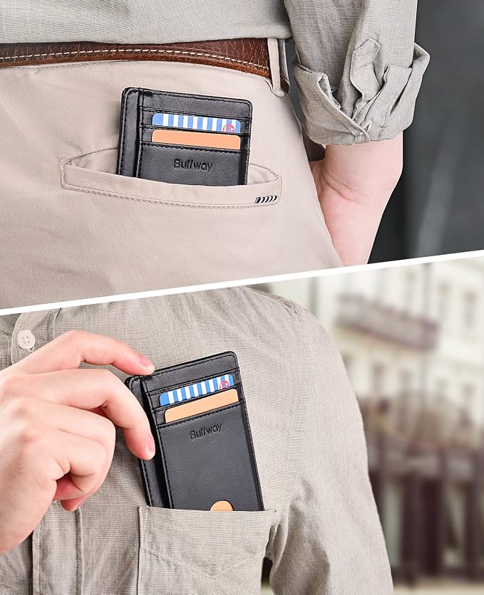 Buffway Slim Minimalist Front Pocket RFID Blocking Leather Wallets - Image 6