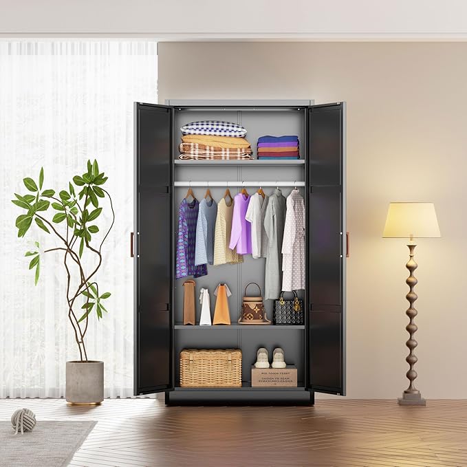 INTERGREAT Metal Storage Cabinet with Hanging Rail, Black Armoire Wardrobe Closet with 2 Doors,72" H Storage Closet Cabinets with Adjustable Shelves and Removable Hanging Rods-DeskLoop Office