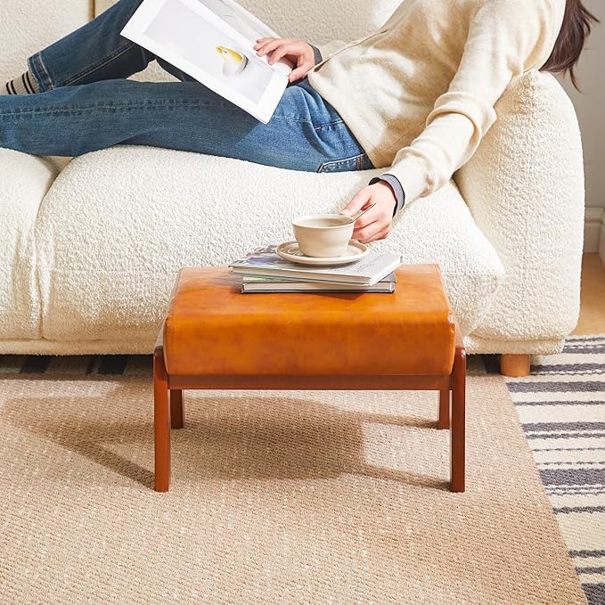 IBUYKE 10.2” H Small Foot Stool Ottoman, Rectangle PU Faux Leather Foot Rest with Padded Seat and Wood Legs, Modern Ottoman Foot Rest for Living Room Bedroom Couch Office, Yellowish-Brown WBD013J-DeskLoop Office