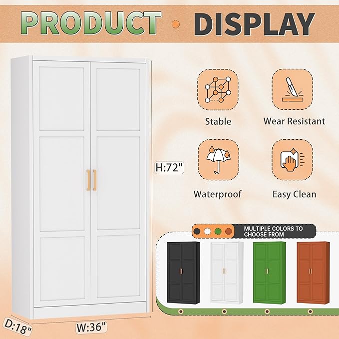 Greenvelly Metal Wardrobe Cabinet with Wooden Handle, 72" Metal Wardrobe Closet with Hanging Rods and Adjustable Shelves, Clothing Storage Closet Cabinet for Home, Office, Employee, Gym (White)-DeskLoop Office