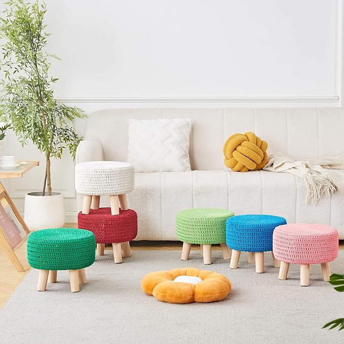 Wimarsbon Pouf Ottoman, 100% Cotton Knitted Boho Footstool, Round Footrest - Image 4