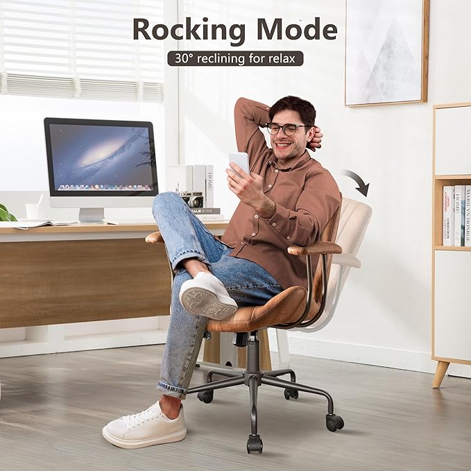 Mid Century Modren Office Chair - Mid Back Swivel Executive Chair with Lumbar Support,Ergonomic Computer Desk Chair with Wheels,Faux Lether Suede Task Chair,350lbs (Brown, Mid Back)-DeskLoop Office