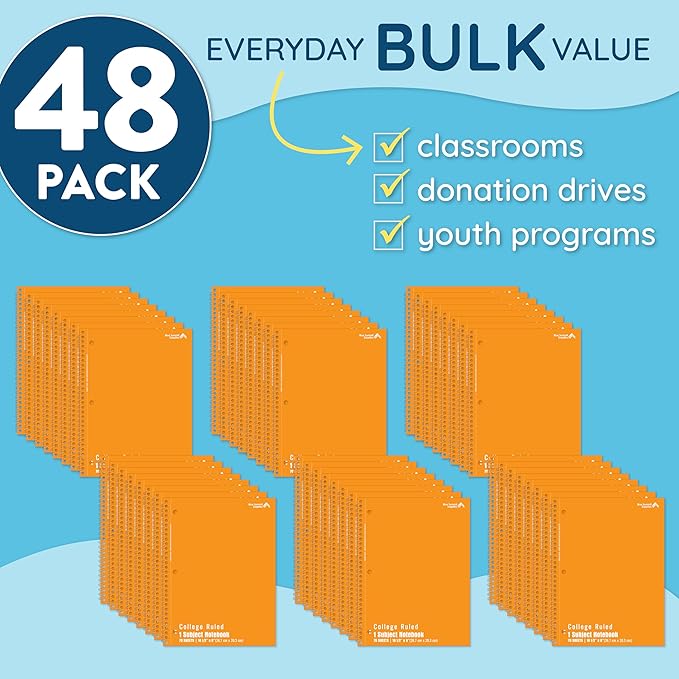 Blue Summit Orange Spiral Notebooks Bulk, One Subject Spiral Notebook College Ruled, Perforated Notebook, 8 x 10.5 for Work and School, Paper, College Ruled, Bulk 48 Pack-DeskLoop Office