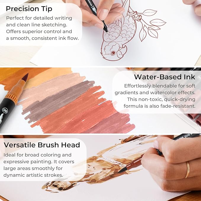 ZSCM Brown Duo Tip Marker Pens, 12 Pack Fine & Brush Markers - Image 3