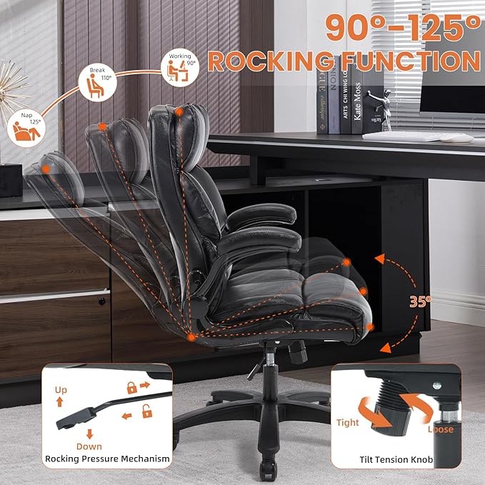 Big and Tall Office Chair 500lbs Wide Seat Executive Office Desk Chair High-Back Office Task Chair with Flip-Up Armrest, Ergonomic Lumbar Support Computer Office Chairs for Heavy People(Black)-DeskLoop Office