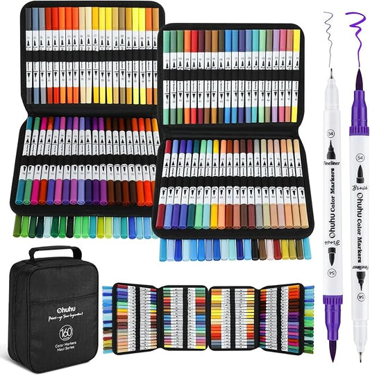 Ohuhu Markers for Adult Coloring Books No Bleeding 160 Colors Water-based Dual by Ohuhu