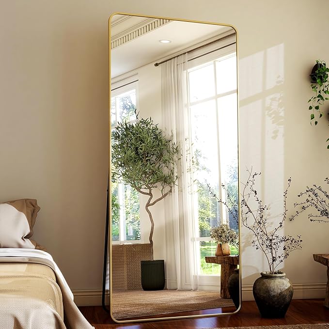 HARRITPURE 71x32 inch Rounded Full Length Mirror Aluminum Frame Gold Mirror Full Length Floor Mirror with Stand for Living Room Bedroom Cloakroom-DeskLoop Office