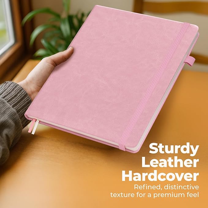 Classic Lined Journal Notebook 8.5x11" A4 Hardcover Leather - Pink - 200 Pages College Ruled Large with Sticky Tabs, Pockets, and Pen Loop for Writing and Journaling - Big Hardback Men and Women-DeskLoop Office