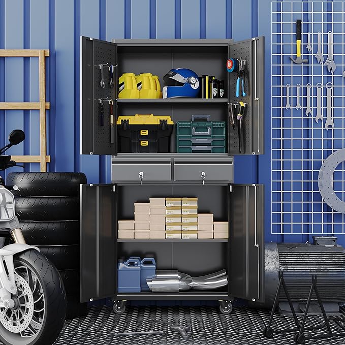 Garage Storage Cabinet with Wheels, Metal Storage Cabinet with 2 Drawers and 2 Adjustable Shelves, Metal Lockers with Pegboards for Homes, Offices, Kitchens, Schools and Pantries-DeskLoop Office