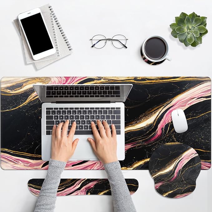 Britimes Pink Black Gold Marble Keyboard Mouse Pad Set 4in1 Large - Image 7