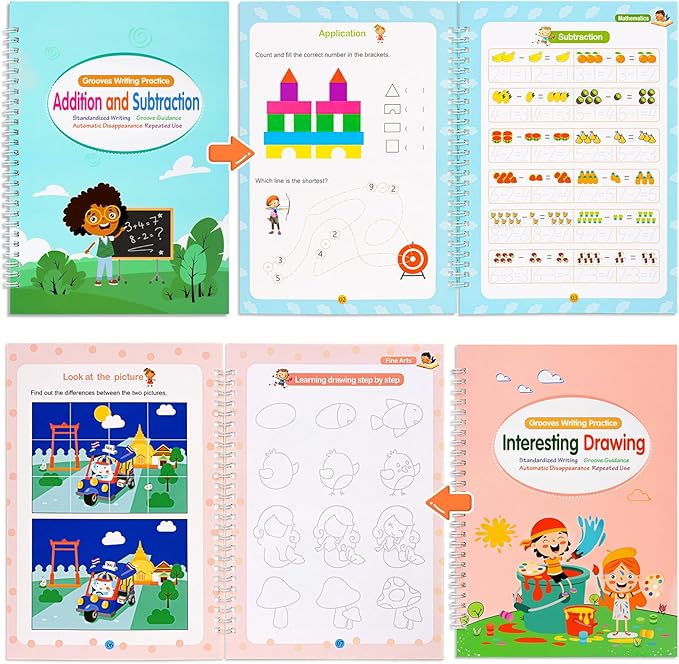 Large Size Grooved Writing Books for Kids Age 3-5 6-8, 8 Pack Magic Grooved Writing Practice Copybooks, Handwriting Prastice with Cute Fade-Resistant Pens, Workbooks Number Letter Tracing for Kids-DeskLoop Office