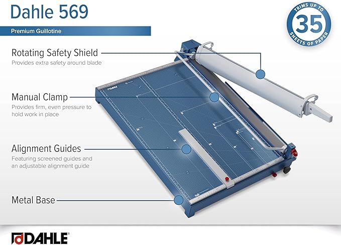 Dahle 569 Premium Guillotine Trimmer, 27" Cut Length, 35 Sheet Capacity, Self-Sharpening Blade, Manual Clamp, w/Safety Guard-DeskLoop Office