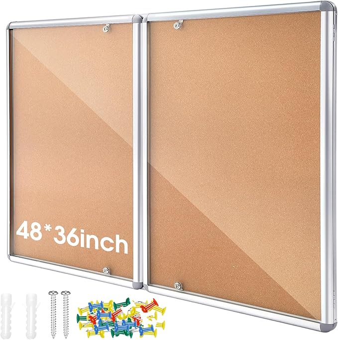 Enclosed Bulletin Board 48" x 36" Weather Resistant Lockable Notice Cork Display Board Wall Mounted 2 Locking Door for School Classroom Commercial Back to School, 12 x A4(Brown, Silver Frame)-DeskLoop Office