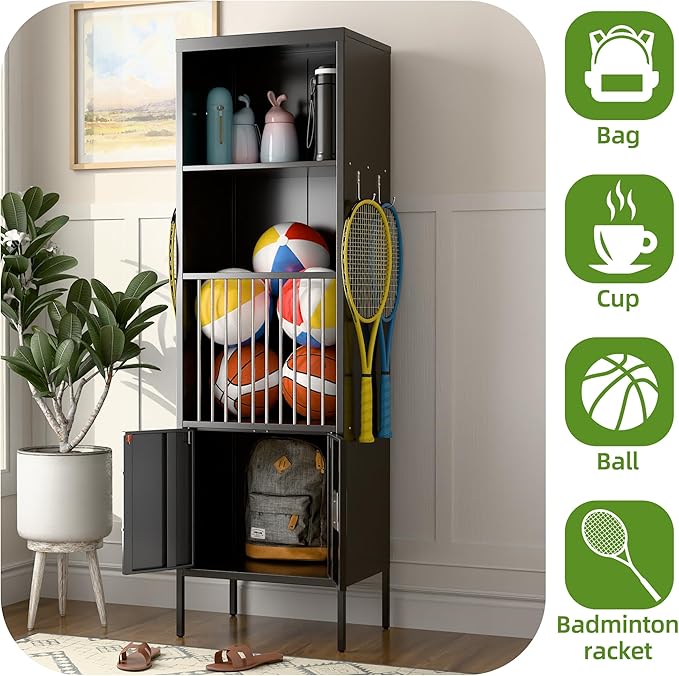 Aobabo 72" H Metal Storage Locker for Gym, for Stores Sports Gear Footballs, Rugby Balls and Tennis, Open Storage Locker with Hooks for School, Gym, Black, Assembly Required-DeskLoop Office