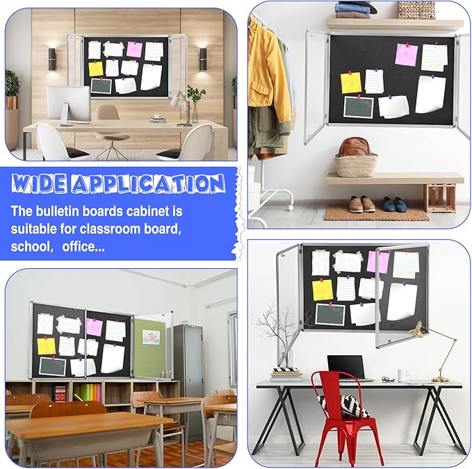 Enclosed Bulletin Board 48" x 36" Weather Resistant Lockable Notice Cork Display Board Wall Mounted 2 Locking Door for School Classroom Commercial Back to School, 12 x A4(Black, Silver Frame)-DeskLoop Office