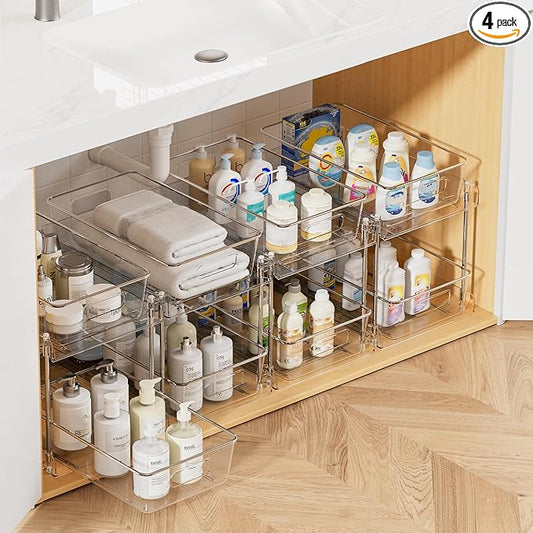 Vtopmart 4 Pack Bathroom Under Sink Organizers Organizer, 2 Tier Clear Pull-Out by Vtopmart