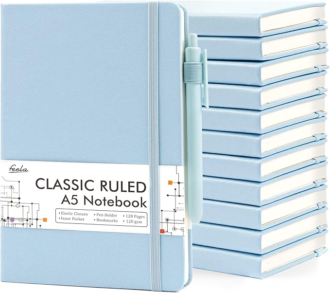 feela 12 Pack Notebooks Journals Bulk, Hardcover Notebook Classic Ruled Lined Journals with Pen Holder for Women Girls School Business Supplies, with 12 Black Pens, 120 GSM, 5.1”x8.3”, A5, Light Blue-DeskLoop Office