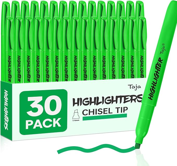 Taja 30 Pack Highlighters Green, Chisel Tip Markers by Taja
