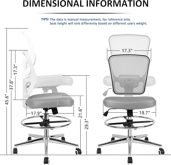 Drafting Chair, Tall Office Chair for Standing Desk, Drafting Stool with Lumbar Support, Adjustable Height and Foot Ring, Grey-DeskLoop Office