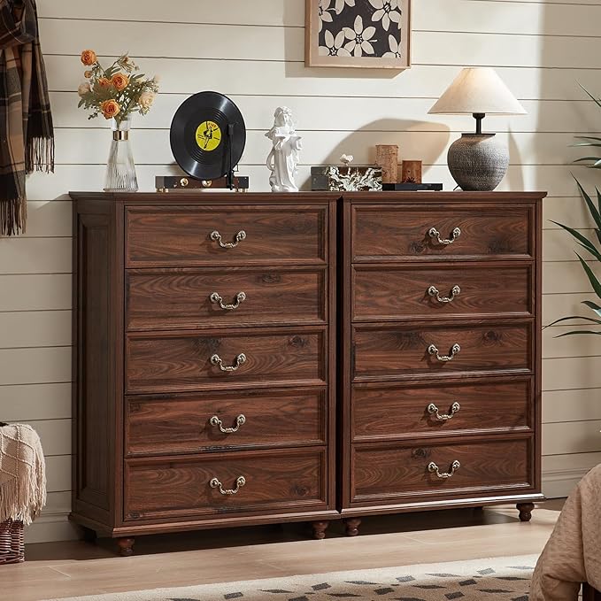 Farmhouse 5 Drawer Dresser Set of 2 for Bedroom, 45" Tall Rustic Chests of Drawers w/ 4 Solid Wood Feet, Mid Century Vintage Wooden Closet Storage Dressers Organizer for Living Room, Brown-DeskLoop Office