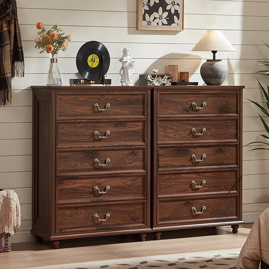 Farmhouse 5 Drawer Dresser Set of 2 for Bedroom, 45" Tall Rustic Chests of Drawers w/ 4 Solid Wood Feet, Mid Century Vintage Wooden Closet Storage Dressers Organizer for Living Room, Brown-DeskLoop Office