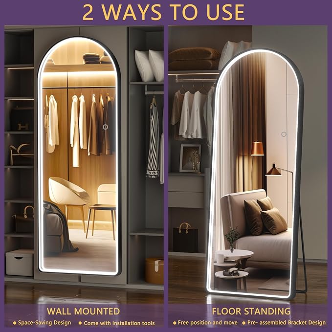 Hasipu 65" x 22" Led Mirror, Full Length Mirror with Lights, Arch Design, Wall Mounted, Modern Style-DeskLoop Office