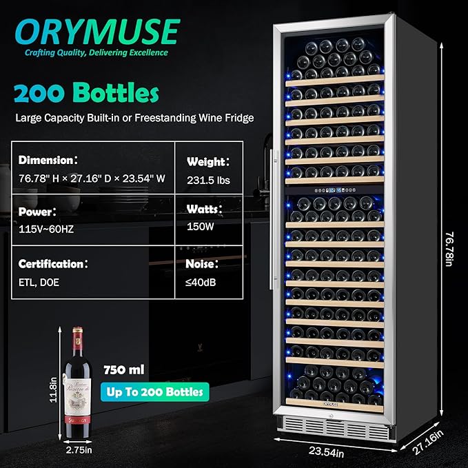 200 Bottle Dual Zone Wine Fridge - 24 Inch Large Wine Cooler Refrigerator, Freestanding and Built-in Design, Upgraded Compressor Cooling, Intelligent Temperature Memory-DeskLoop Office