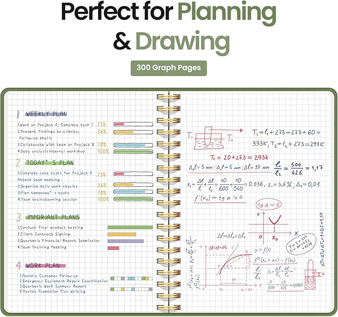 Spiral Graph Paper Notebook Journal for Work, 300 Pages, Thick B5 (7.1"x10") Grid Journals for Women & Writing, Hardcover Notebook for Note Taking, Perfect for Work School Note Taking Business, Green-DeskLoop Office