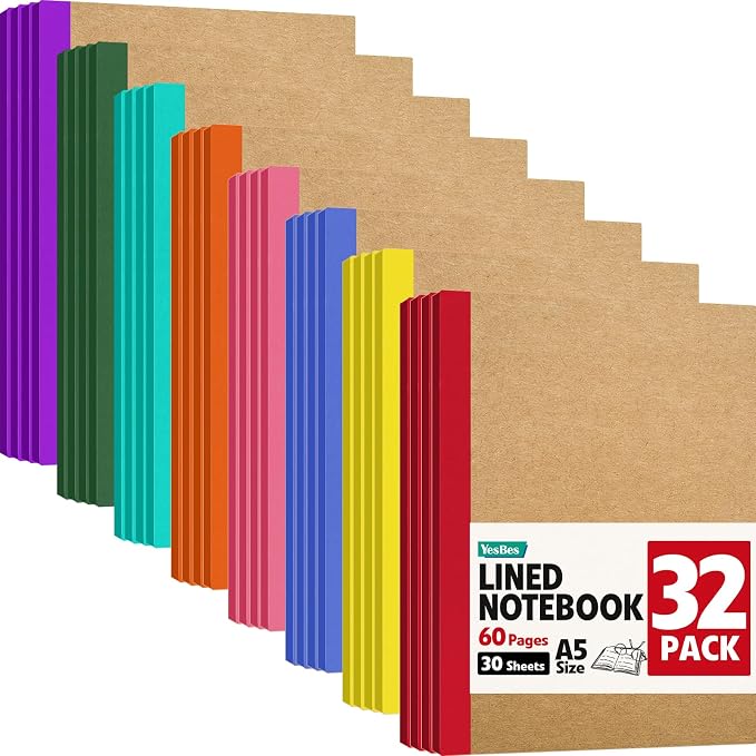 32 Pack Composition Notebooks Bulk, A5 Kraft Cover Lined Journaling Notebooks by YesBes