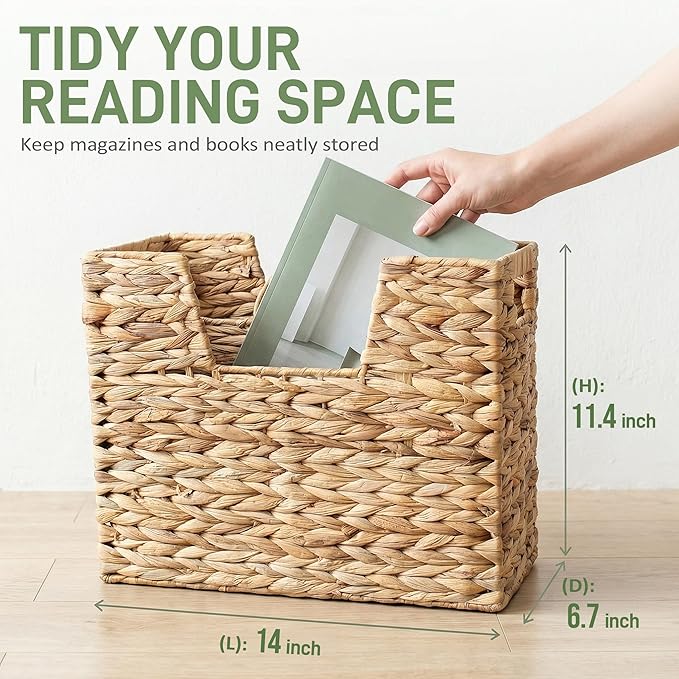 Wicker Magazine Basket with Handle, Water Hyacinth Magazine Holder with 2 - Image 2