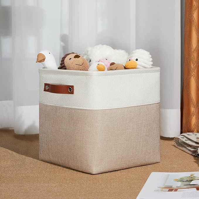 DULLEMELO 11 inch Cube Storage Bins, Large Collapsible Grey Storage Baskets for Square Cubes Organizing, Fabric Boxes Bins for Shelves Nursery Home Office Storage(4 Pack - 11" White&Khaki)-DeskLoop Office