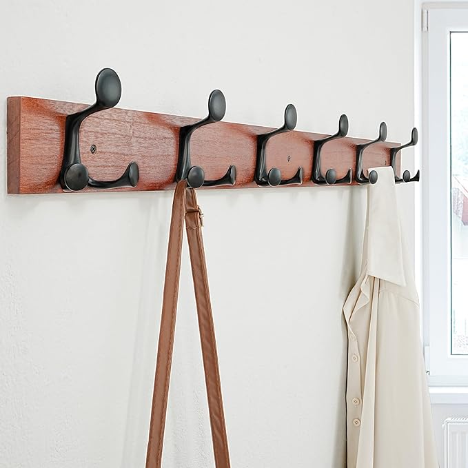 SKOLOO 39-Inch Cherry Wood Coat Rack Wall Mount with 6 Triple Hooks - Ideal for Family Entrances, Classrooms, and Pet Supplies Storage - Perfect Coat Hooks for Wall-DeskLoop Office