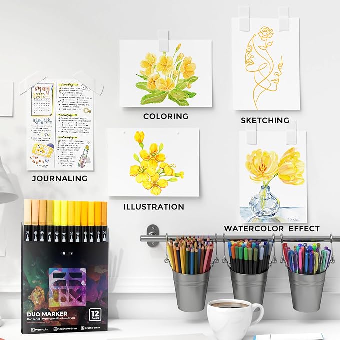 ZSCM Yellow Duo Tip Marker Pens, 12 Pack Fine & Brush Markers - Image 6