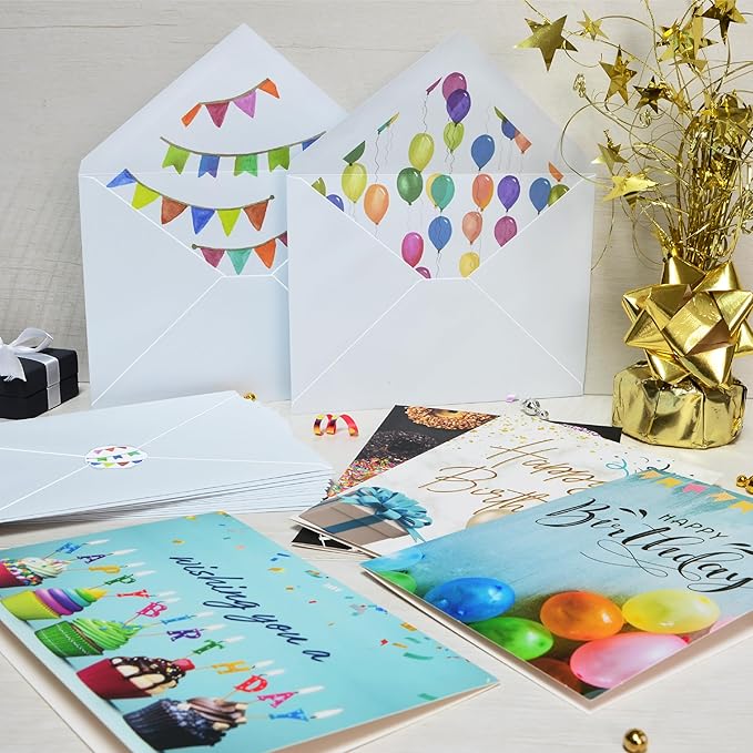 100 Happy Birthday Cards Bulk, Folded with Envelopes, Stickers, Large 5x7 Inch, and Generic Greetings Inside for Office, Business, Employees and Personal