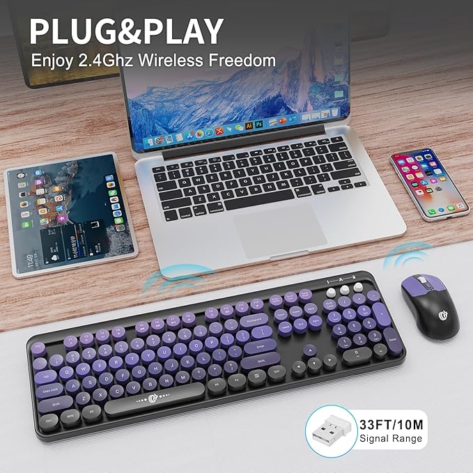 FOPETT Wireless Keyboard and Mouse Combo, 104 Keys Full-Sized 2.4 GHz Round Keycap Colorful Keyboards, USB Receiver Plug and Play, for Windows, Mac, PC, Laptop, Desktop (Black Purple)-DeskLoop Office