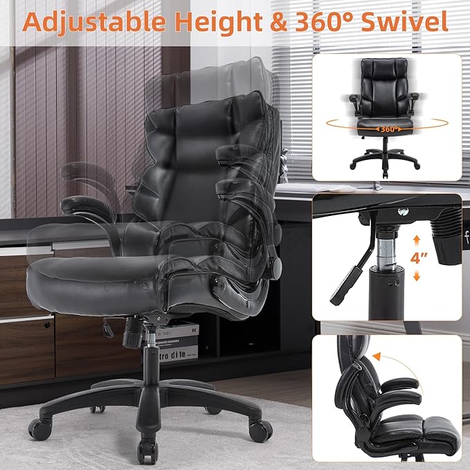 Big and Tall Office Chair 500lbs Wide Seat Executive Office Desk Chair High-Back Office Task Chair with Flip-Up Armrest, Ergonomic Lumbar Support Computer Office Chairs for Heavy People(Black)-DeskLoop Office