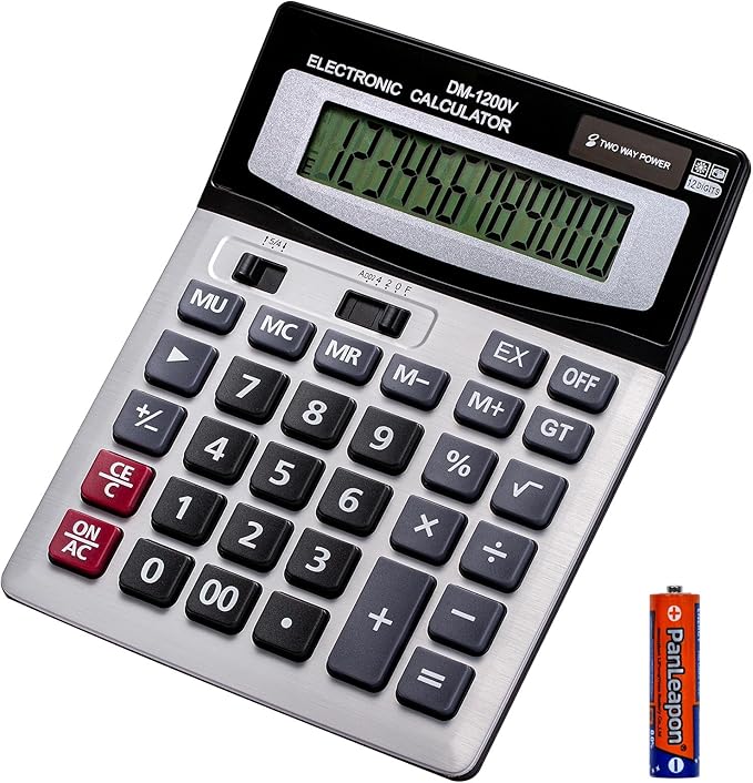 12 Digit Desktop Calculator with Large LCD Display and Sensitive Button, Dual Solar Power and Battery, Standard Function for Office (YE1200v)-DeskLoop Office