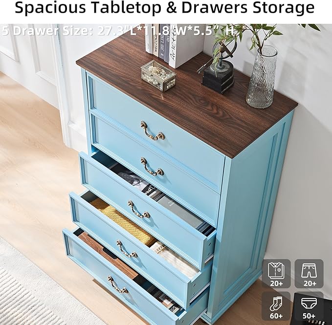 Farmhouse 5 Drawer Dresser for Bedroom, 45" Tall Rustic Chests of Drawers w/ 4 Solid Wood Feet, Mid Century Modern Wooden Closet Storage Dressers Organizer for Living Room, Hallway, Light Blue-DeskLoop Office
