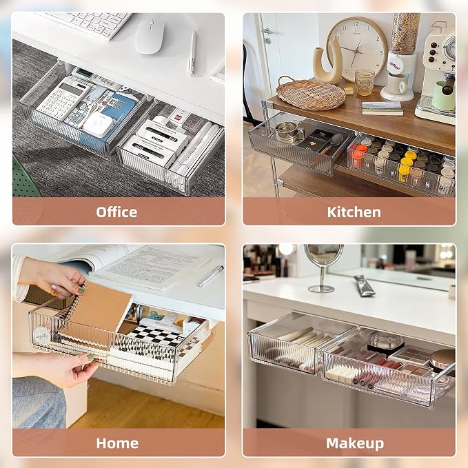 2Pcs Under Desk Storage Drawers Slide Out, Large&Medium, Stick On Drawers - Image 7
