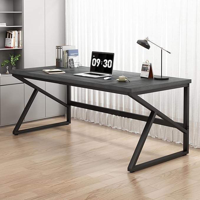 HSH Extra Long Computer Desk, Industrial Metal Wood Home Office Desk, Large PC Laptop Table for 2 Person Executive Writing Work Study Gaming, Bedroom Living Room Dual Monitor Desk, Dark Gray, 70 Inch-DeskLoop Office