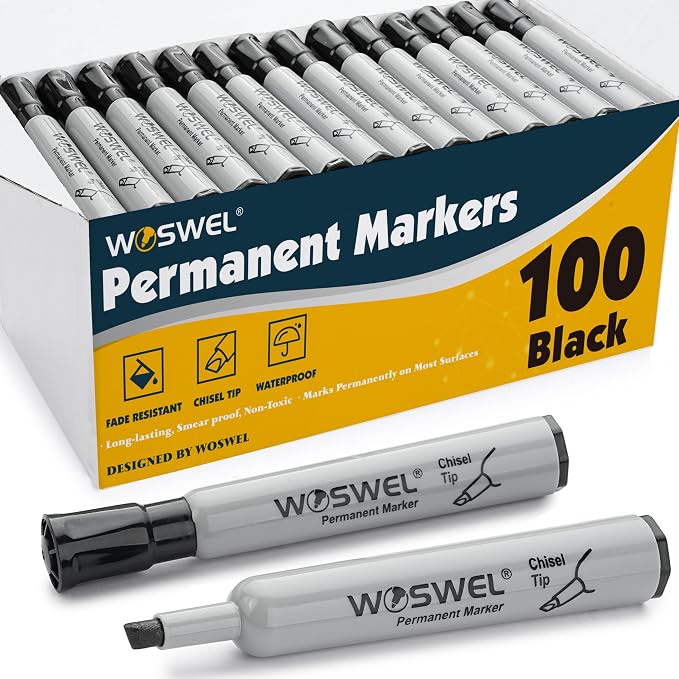 WOSWEL 100 Pack Permanent Markers Bulk, Chisel Tip, Jumbo Thick Large Permanent by WonderfulOptions